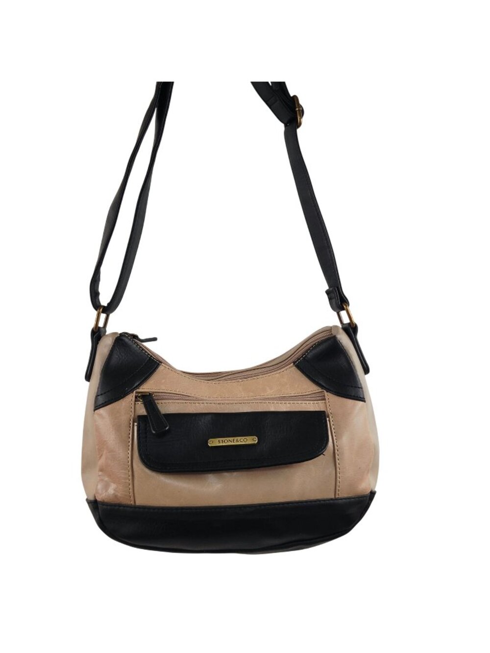 Stone & Co Shoulder Bag Beige Black Leather Crossbody Purse Adjustable Strap